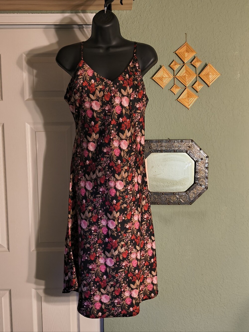 Forever 21 Black Pink Moody Floral Satin Slip Midi Dress Size M